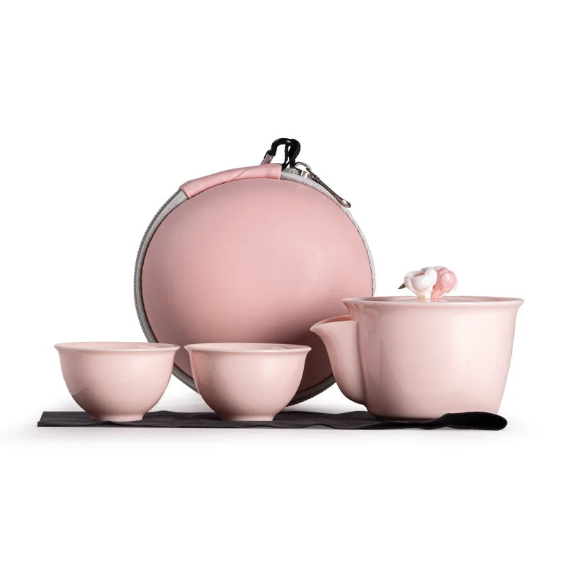 Handmade Pink Flower Carving, Travel Camping, Fast Guest Cup, Kung Fu Tea Set, Ceramic Teapot, Gaiwan Tea Ceremony, Ladies' Gift
