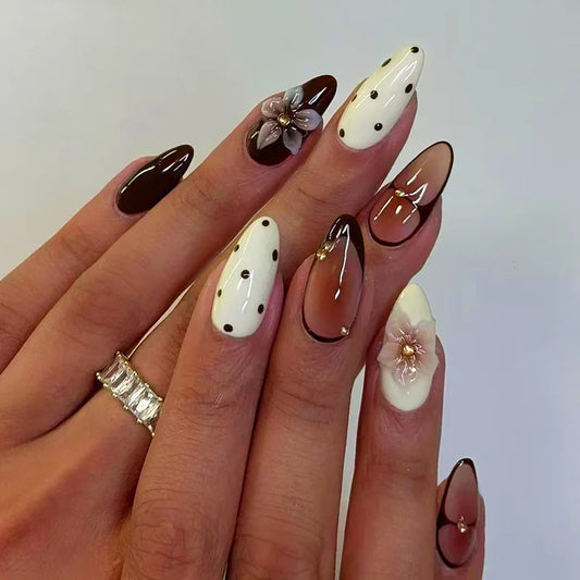 24pcs Long Almond Sweet Flower Pink with Shell Pearl Design Acrylic Nails