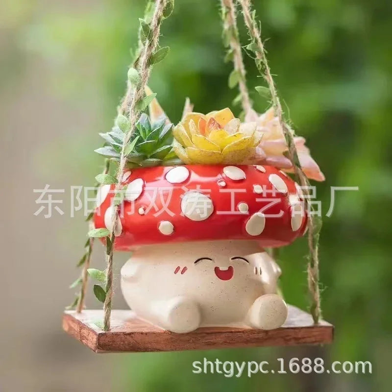 Mushroom Hanging Planter Cute Cartoon Smiling Doll Swing Pot For Outdoor Balcony For Kids Women Gift For Halloween Christmas