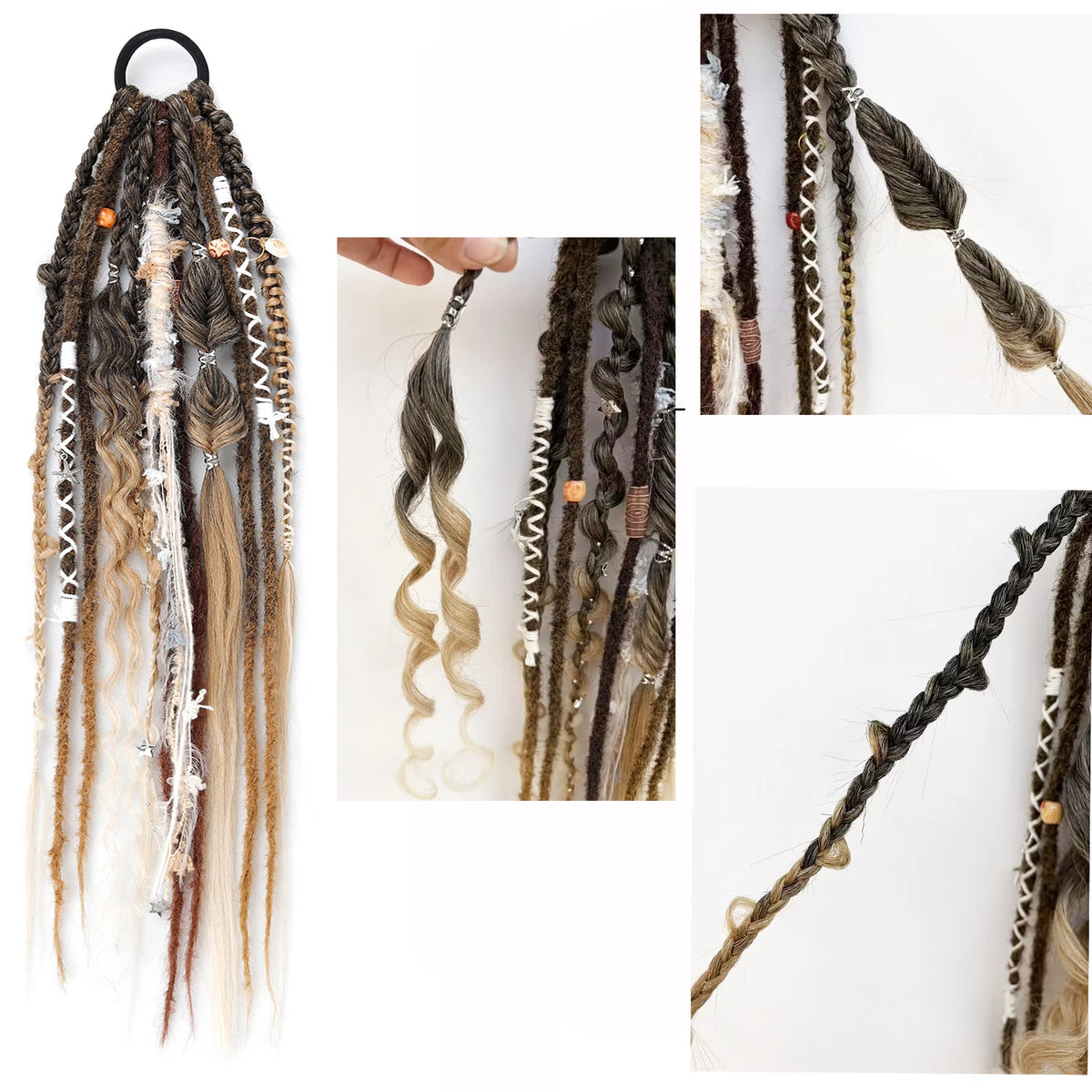 22 Inch Dreadlocks Ponytail Hair Extensions Synthetic Fibers Boho Braided Hairpieces With Beads Festival Cosplay Easy Wear