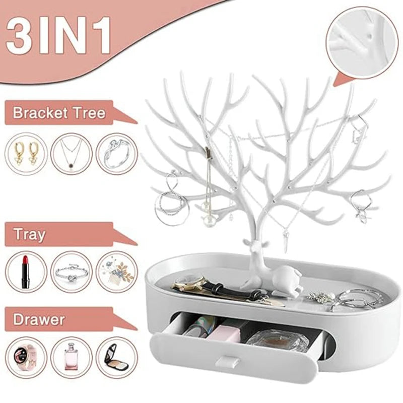 Antlers Jewelry Display Stand with Drawers,Necklace Earring Jewelry Organizer Display Stand,Deer Jewelry Rack,Pink