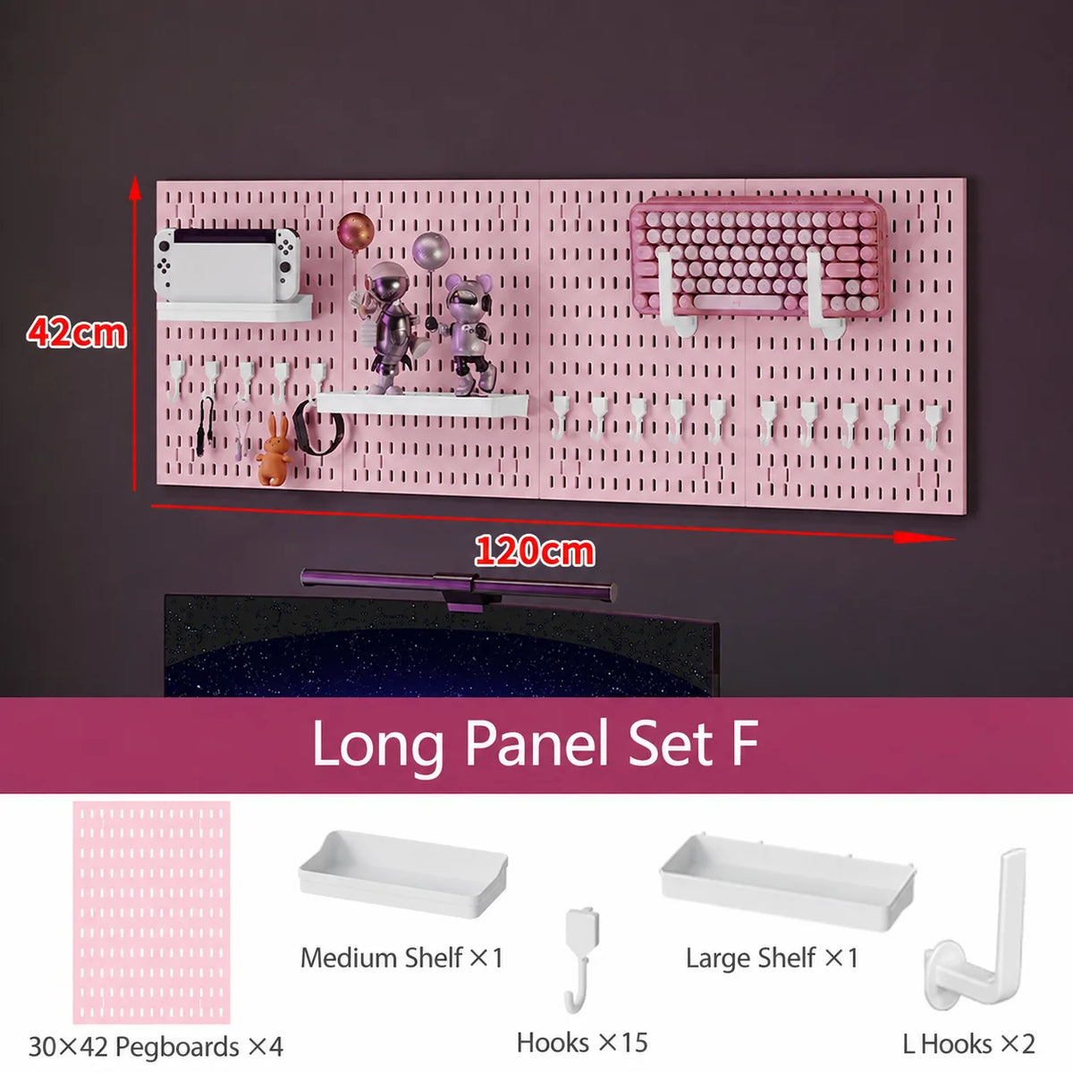 Pink No Drill Pegboard Storage Organizer Combinable Wall Mount Board for Gaming Desk Headset Game Controller Storage