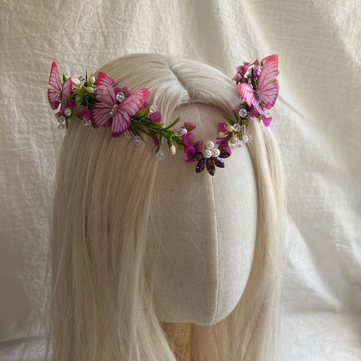 Purple Butterfly Flower Crown Bridal Halo Headband ELF Tiara with Adjustable Ribbon or Women Wreath Crown Wedding Floral Garland