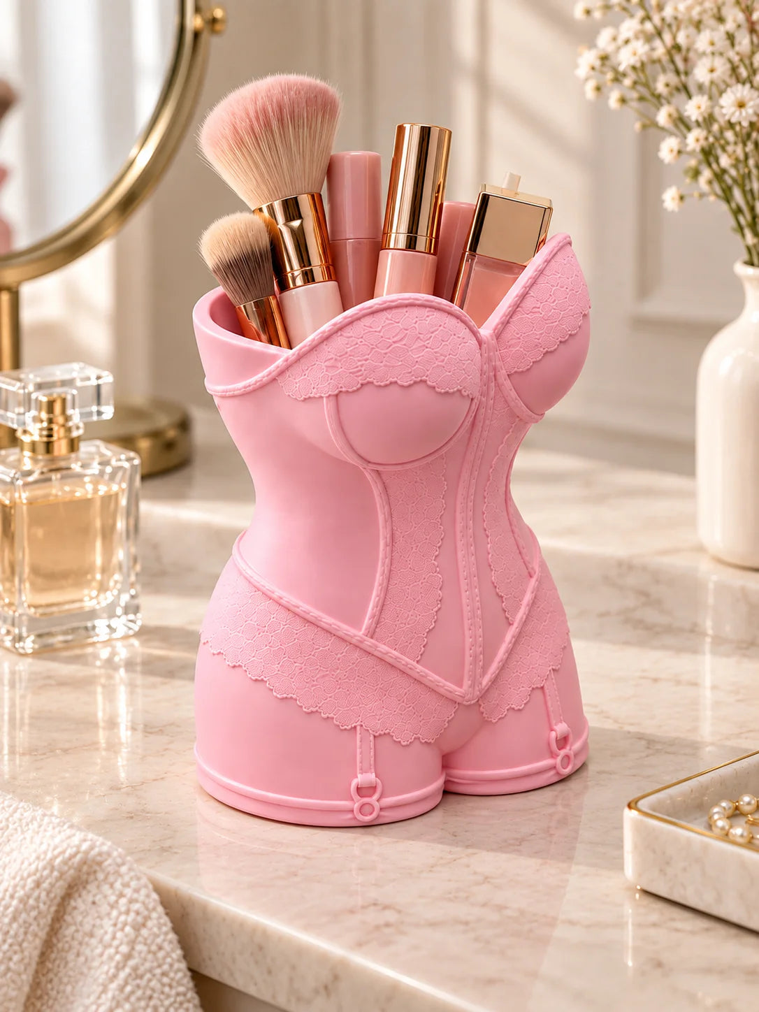 Pink Corset-Style Makeup Brush Holder with Waist-Cinching Design, Dressing Table Storage Rack, Three-Dimensional Lace Texture with Full Details and Soft Texture, Can Hold Various Makeup Brushes and Beauty Tools, Creates a Soft and Feminine Atmosphere, Des