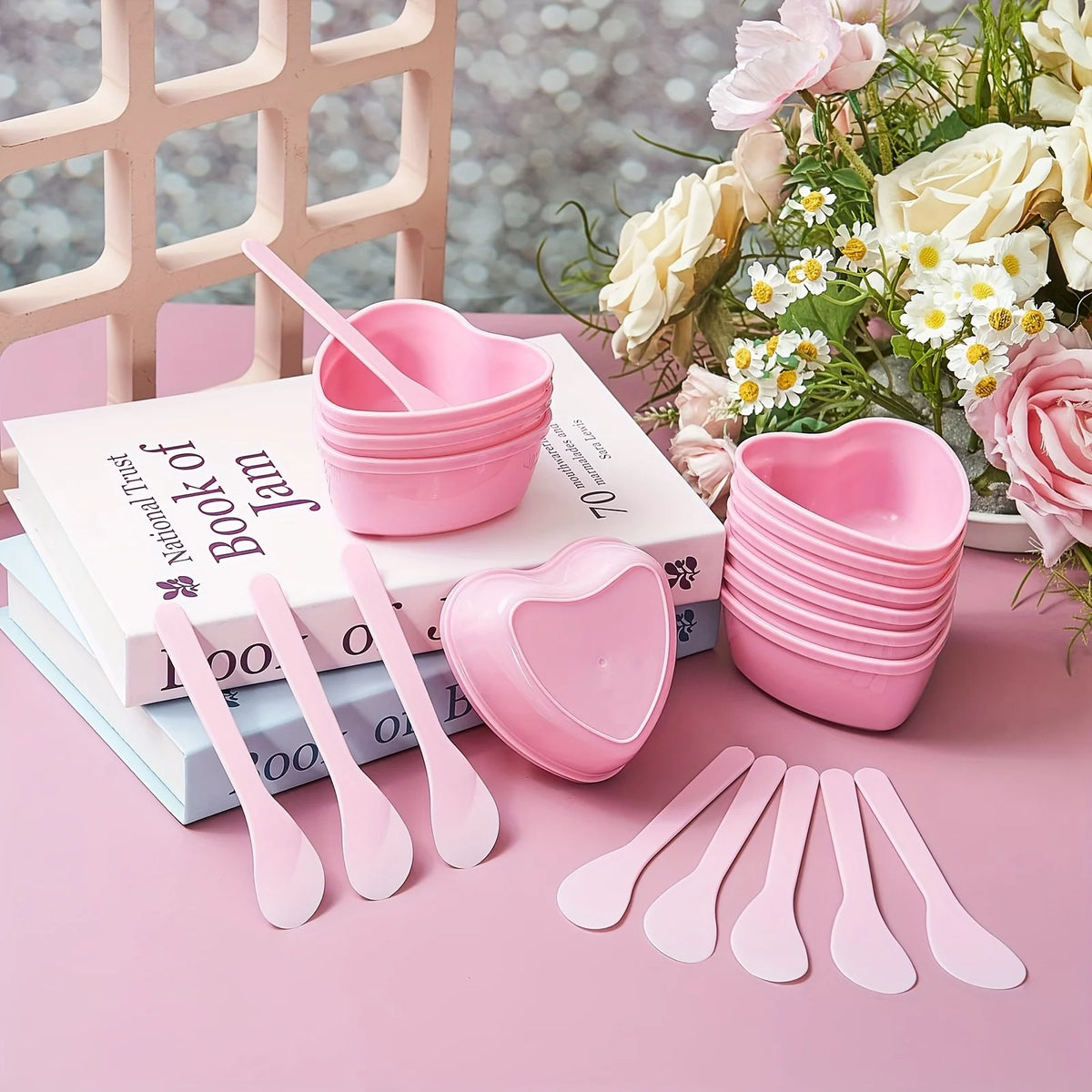 6-piece Pink Heart Shaped Facial Mask Mixing Bowl with Scraper Plastic DIY Skin Care Tool, Suitable for Family and Salon