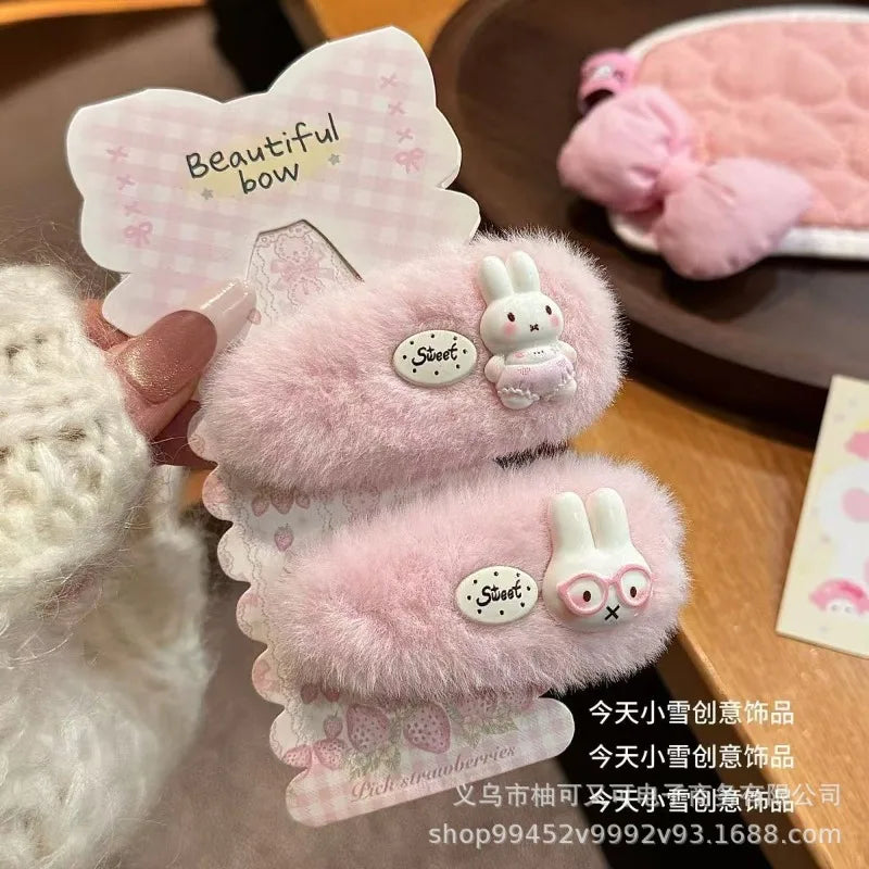 Cute Pink Plush Miffy Hair Clip - Japanese Cartoon Hairpin for Girls, Autumn/Winter Bangs Accessory