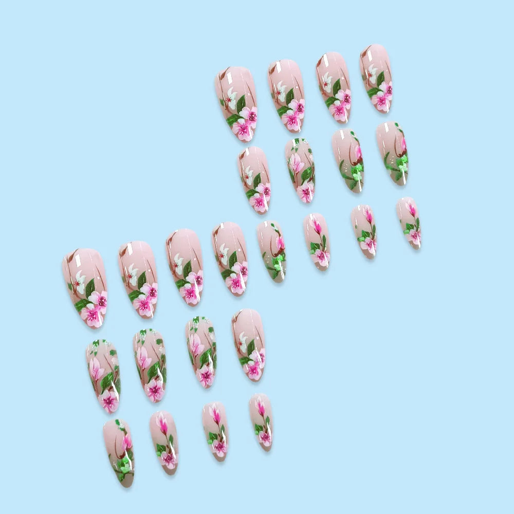 Short Almond Press on Nails 3D Flower Fake Nails with Glue Colorful Natural Acrylic False Nails Full Cover Press on Nails Set