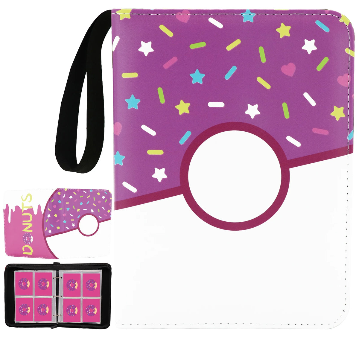 Donut 4 Pocket Card Binder Cartoon TCG Zipper Album Book Multi-Pocket Expandable Photo Collection File for Pokemon Card ID Badge