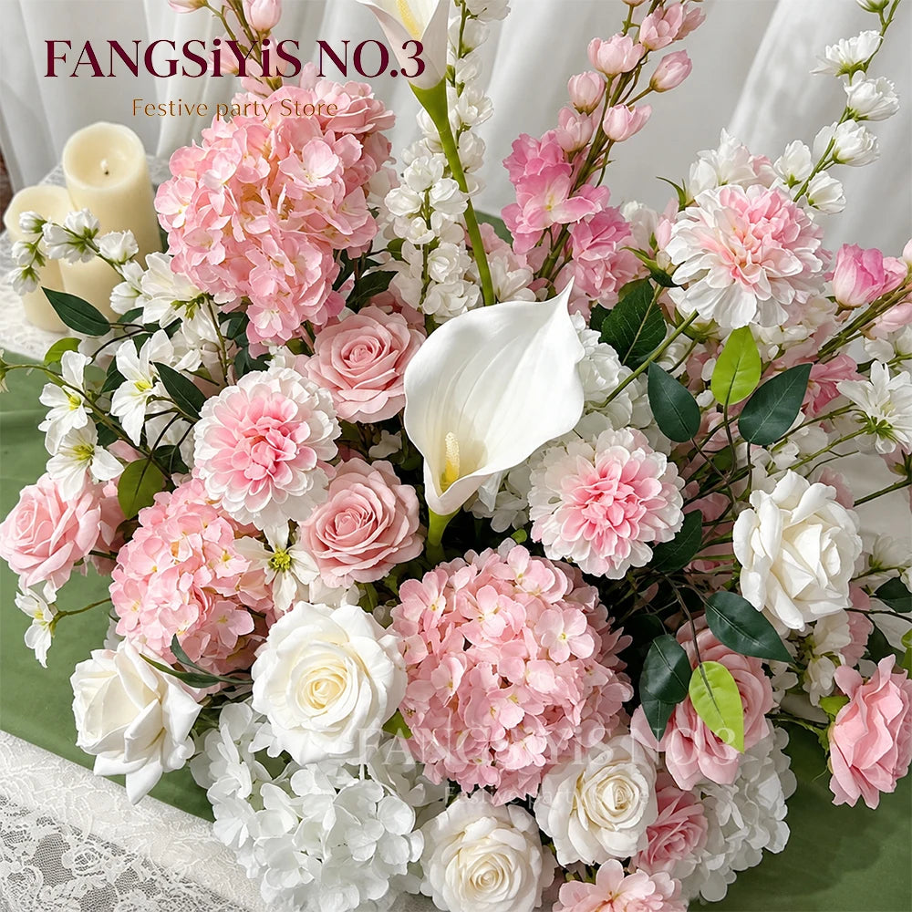 Luxury Pink White Artificial Flower Arrangement Calla Lily Hydrangea Rose Floral Centerpiece Wedding Table Party Backdrop Decor
