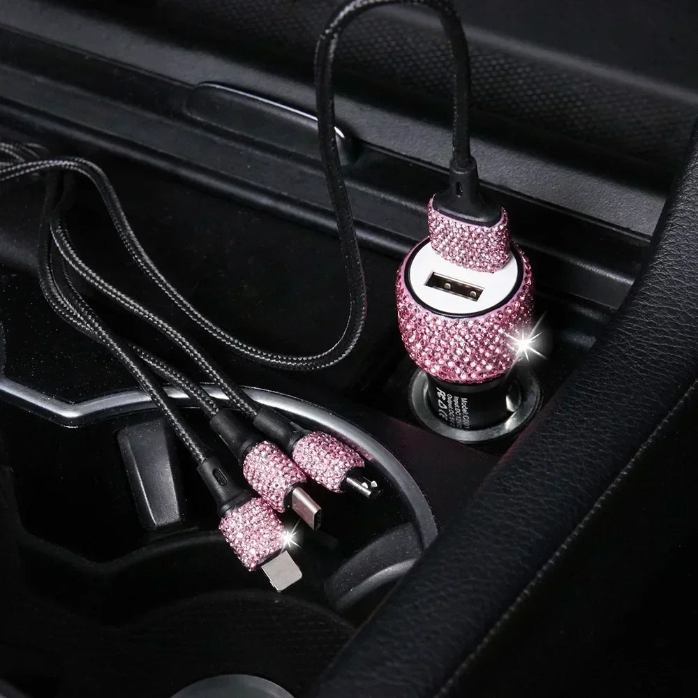 3in1 USB Car Charger 5V 2.1A Dual Port Fast Adapter Pink Car Decor Car Styling Diamond Interior Car Accessories Dropshipping
