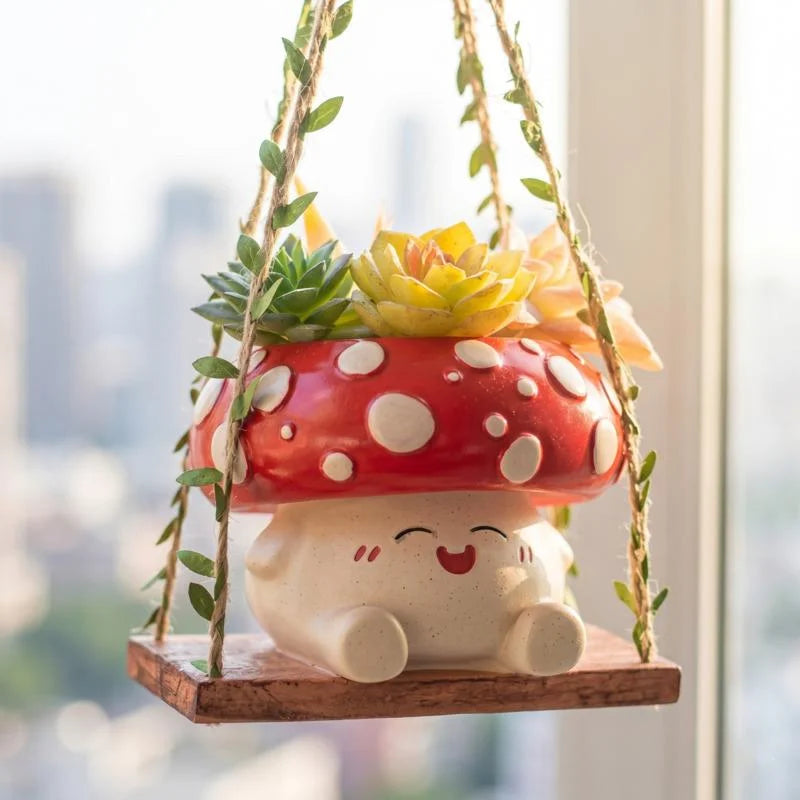 Mushroom Hanging Planter Cute Cartoon Smiling Doll Swing Pot For Outdoor Balcony For Kids Women Gift For Halloween Christmas