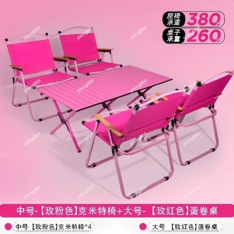 Pink Folding Camping Table Chair Set Portable Egg‑Roll Table Picnic Chair Kit for Outdoor Activity