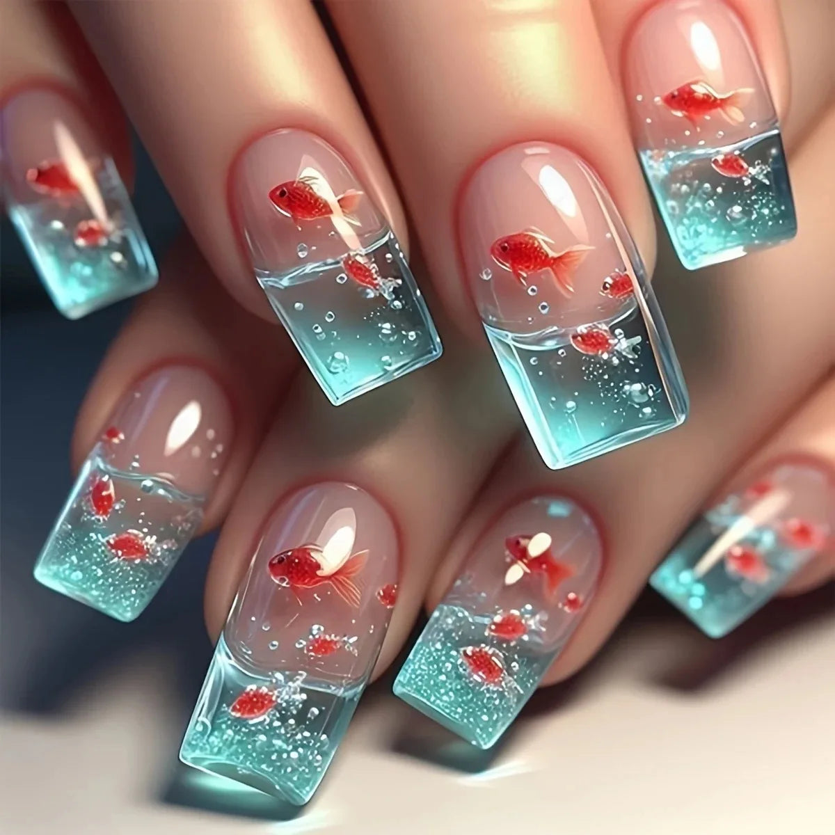 Medium Long Square Koi Fish Acrylic Nails