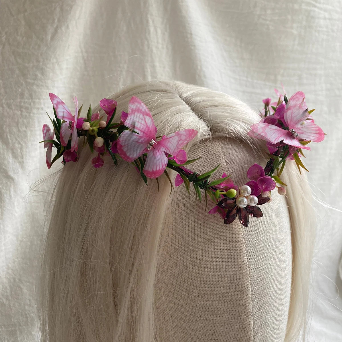 Purple Butterfly Flower Crown Bridal Halo Headband ELF Tiara with Adjustable Ribbon or Women Wreath Crown Wedding Floral Garland