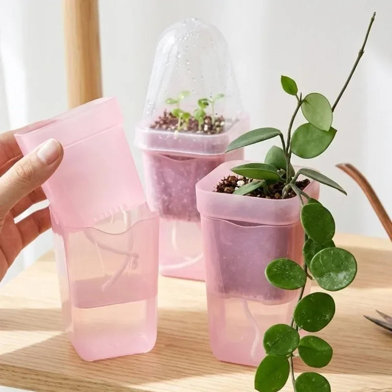 Transparent Pink Self Watering Pots Self Watering Planter Drainage Holes Plant Pots Garden Seedlings Flowerpot Nursery Cups