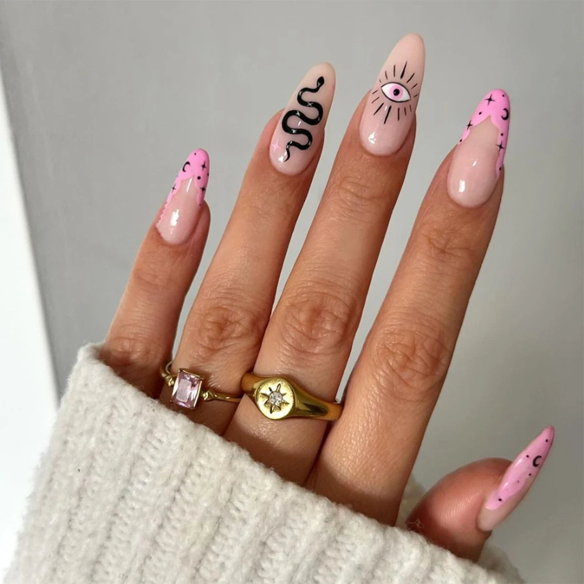 24pcs Long Square Press On Nails, Nude Black Pink French Tips with Ghost Bat Spider Web Blood Drip Print, Sweet Gothic Halloween