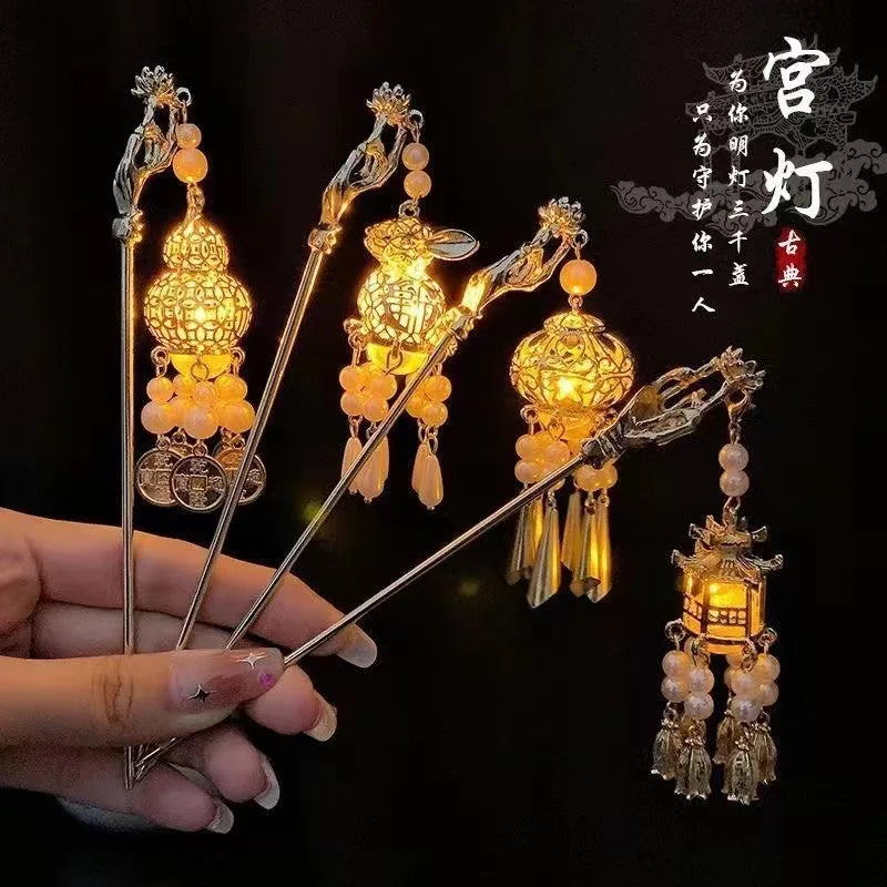 Luminous Flower Hairpin Lotus Light Lantern Tassel Hair Stick