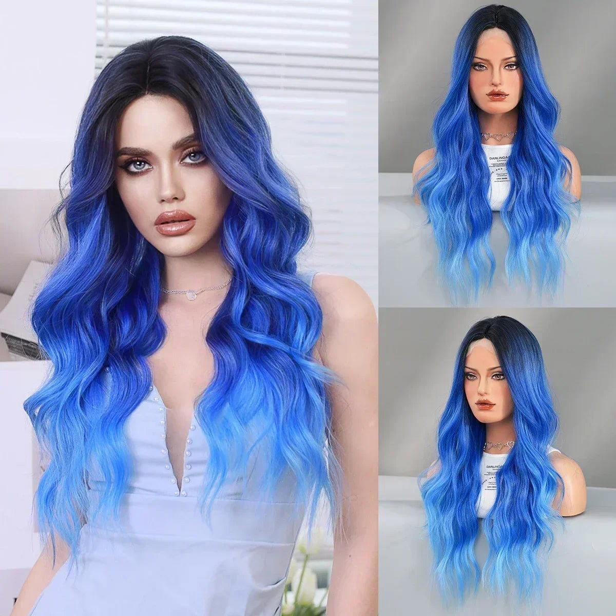 Blue Purple Ombre Wig Body Wavy, Side Part ,with Bangs High Density,Transparent Synthetic Lace Front