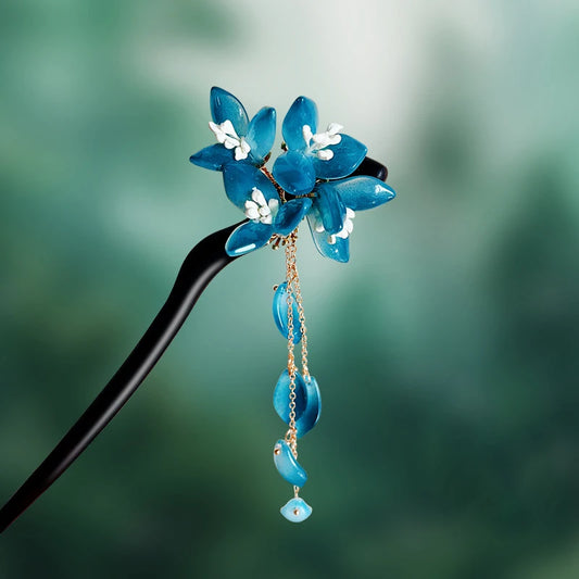 Chinese Style Blue Glaze Flower Hair Sticks