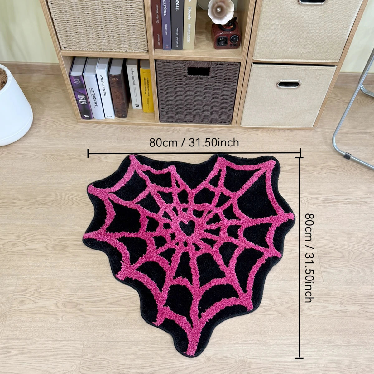 Heart Shaped Spider Web Tufted Rug, Pink Web Pattern Black Background Flocking Floor Mat, Anti-Slip Irregular Carpet for Gothic