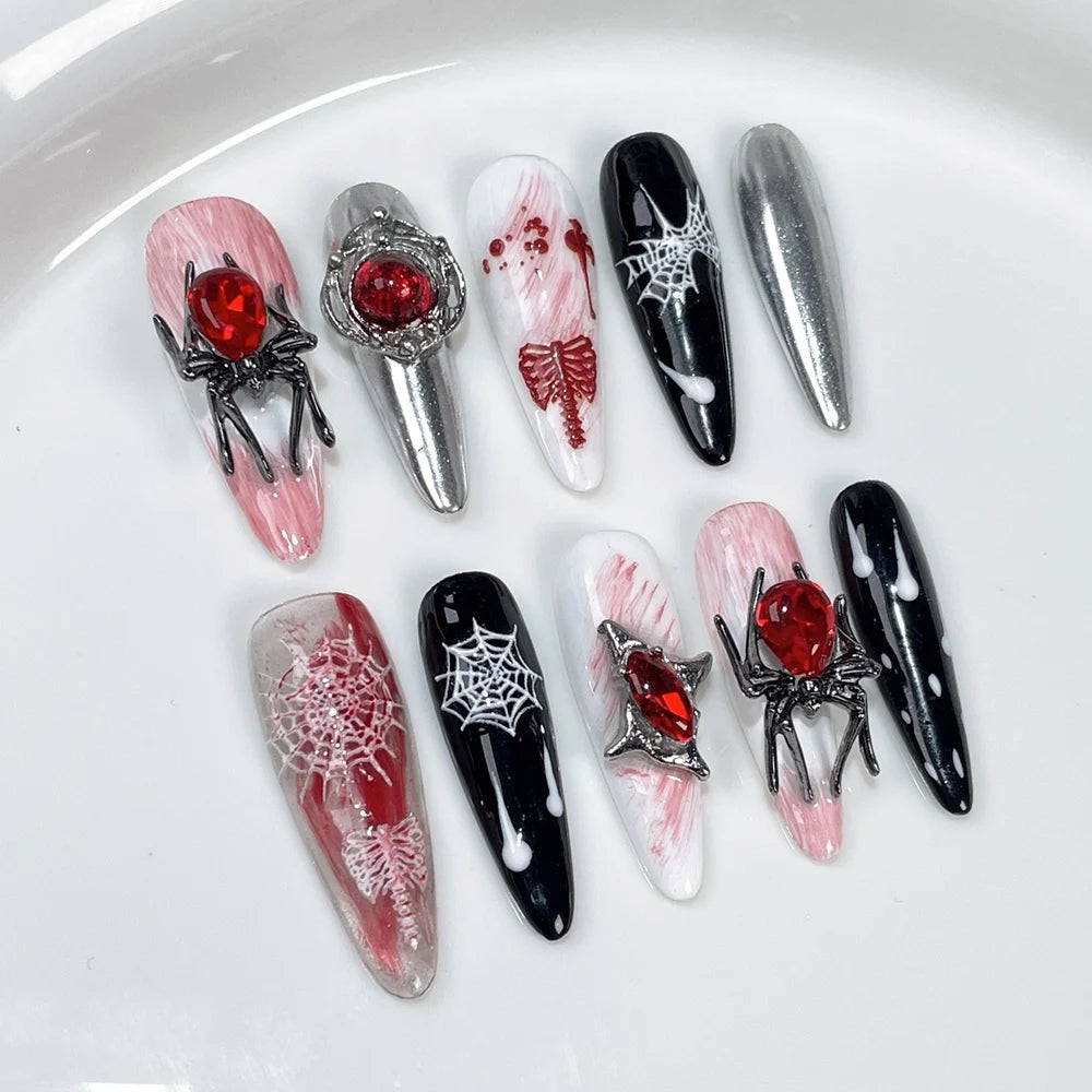 Halloween Long Coffin Gothic Metallic Acrylic Nails