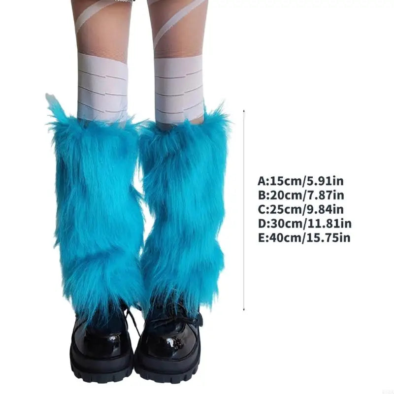 E56A Plush Furry Leg Warmers for Women Winter Boot Toppers Thermal Warm Bright Blue Fuzzy Foot Covers Footless Socks Gaiters