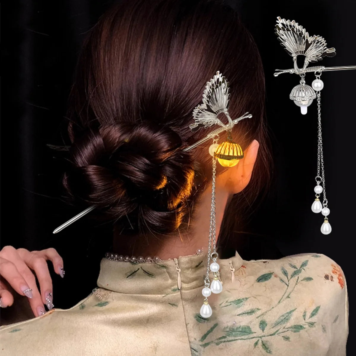 Luminous Flower Hairpin Lotus Light Lantern Tassel Hair Stick
