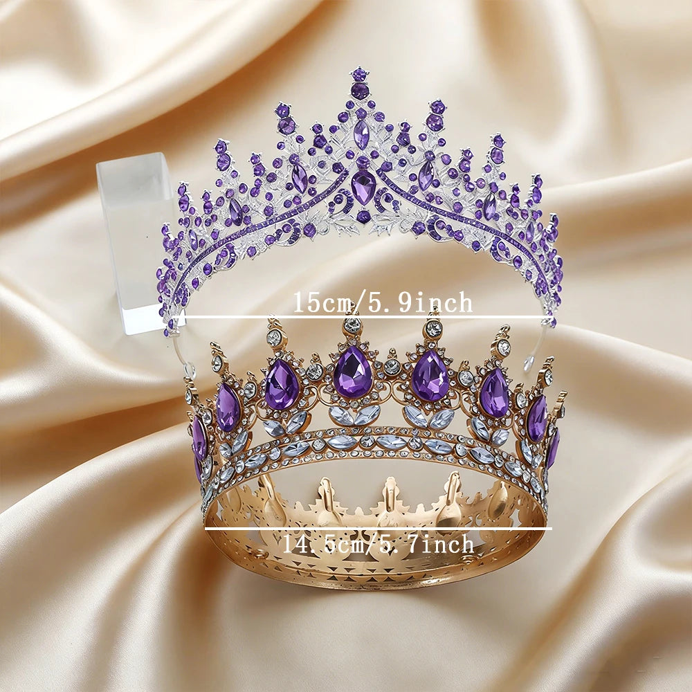2Pcs Luxury Purple Amethyst Baroque Crown Set Tiara Gold Full Round Crown Clear Rhinestones Regal Bridal Headwear Weddings Proms