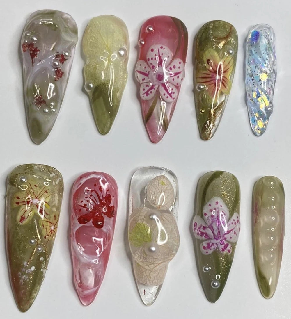 10Pcs 3D Flower Bow Gel Acrylic Nails Almond