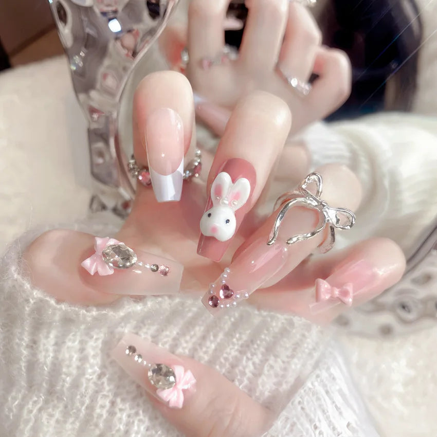 24pcs Kawaii Cartoon Rabbit Press On Nails Bowknots Diamond Decor Mid-length Coffin False Nail White French Blush Pink Fake Nail