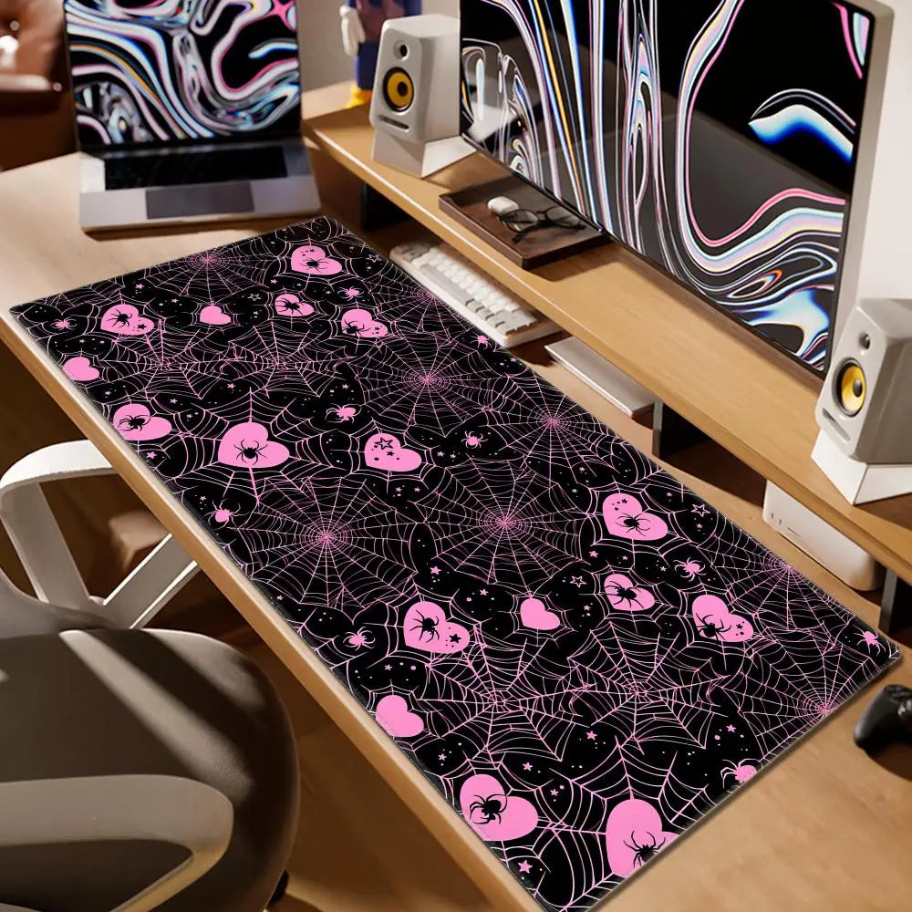 90x40 White or Pink Spiderweb Hearts Desk Mat  Pastel Kawaii Gothic Emo Cute Computer Laptop Office Tech Gaming Setup Mouse Pad