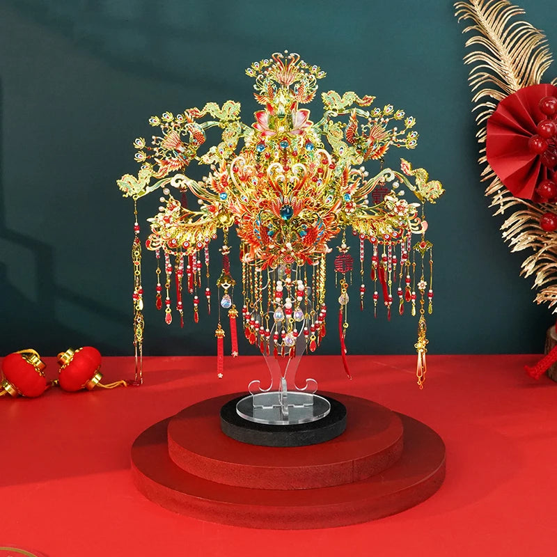 DIY 3D Metal Puzzle Chinese Wedding Phoenix Coronet and Fan Miniature Model Building Kits Jigsaw Puzzles for Girls Gifts