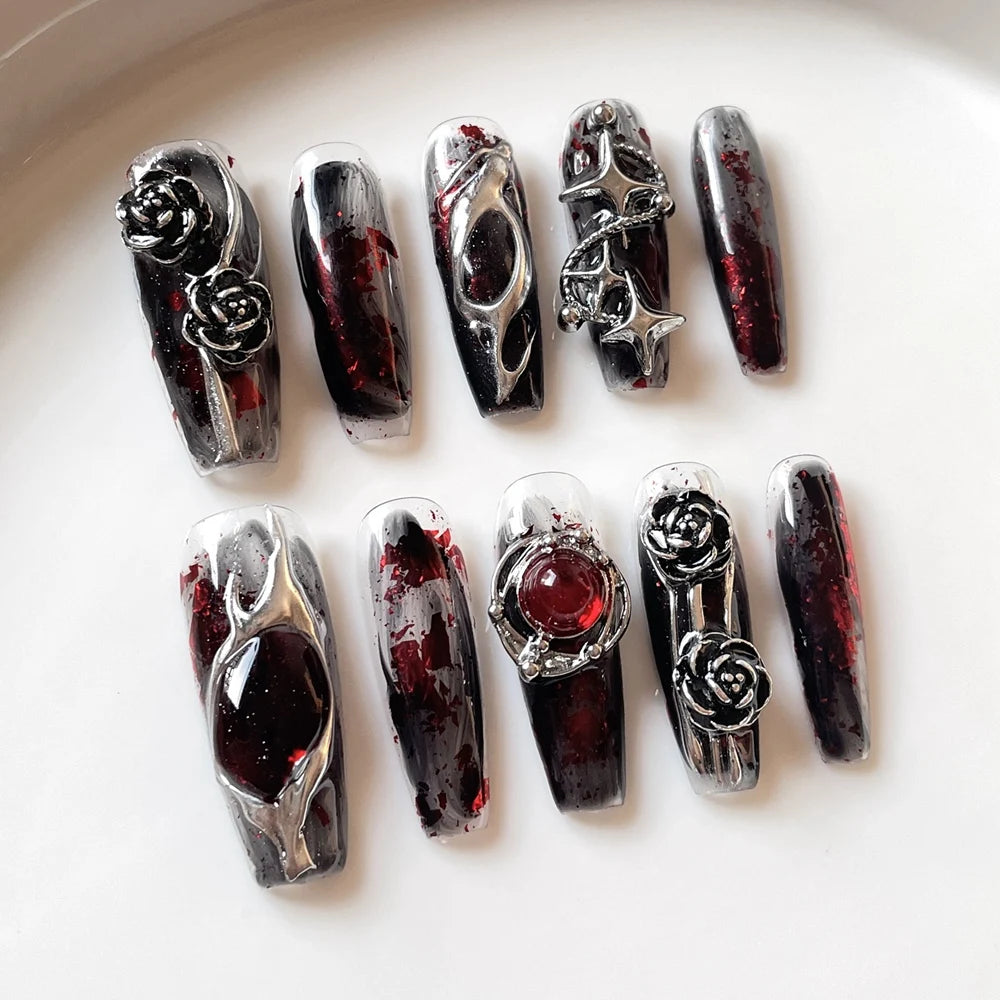 Halloween Long Coffin Gothic Metallic Acrylic Nails