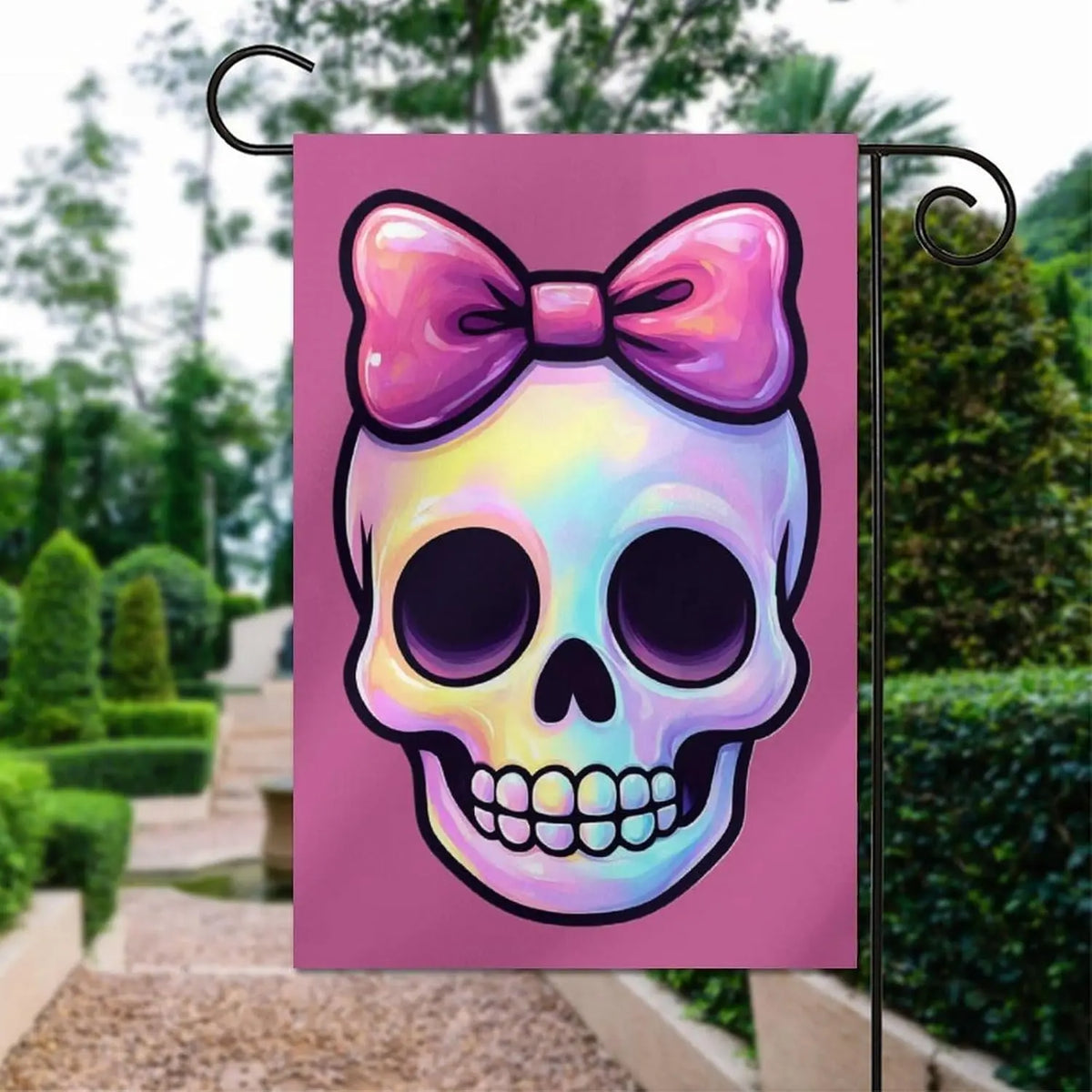 Pink Skull Bow Garden Flags Small Flag for Outside Polyester Double Sided Seasonal Welcome Yard Lawn Decor 12x18 Inch WWP zzo