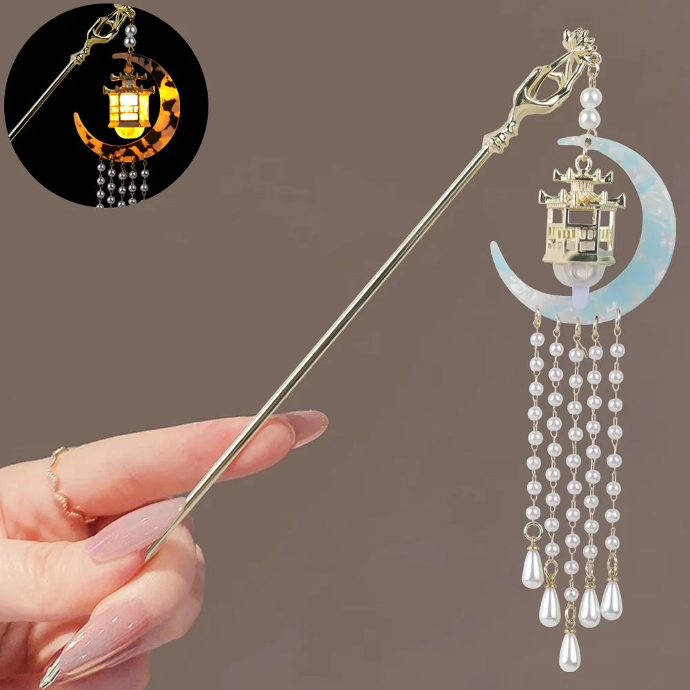 Luminous Flower Hairpin Lotus Light Lantern Tassel Hair Stick