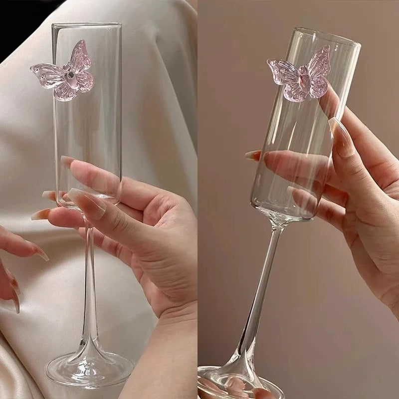Pink Butterfly Champagne Flute High Borosilicate Glass Wine Goblet, Cute Cocktail Cup Wedding Party Home Table Decor, Ideal Gift