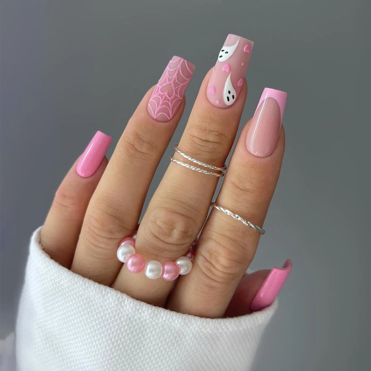 24pcs Long Square Press On Nails, Nude Black Pink French Tips with Ghost Bat Spider Web Blood Drip Print, Sweet Gothic Halloween