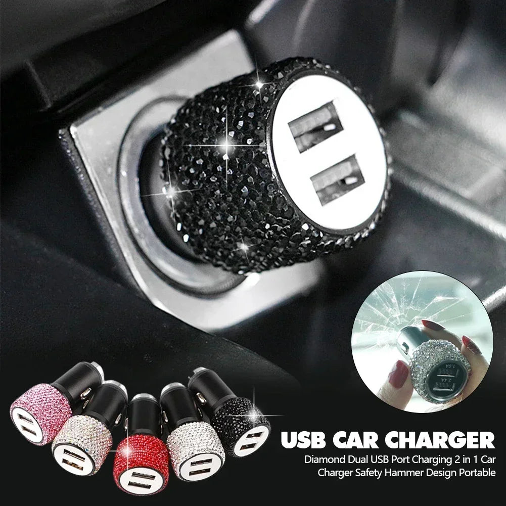 Rhinestone Car Charger 5V 2.1A Dual USB Port Fast Adapter Pink Car Decor Car Styling Diamond Car Accessories Interior for Woman