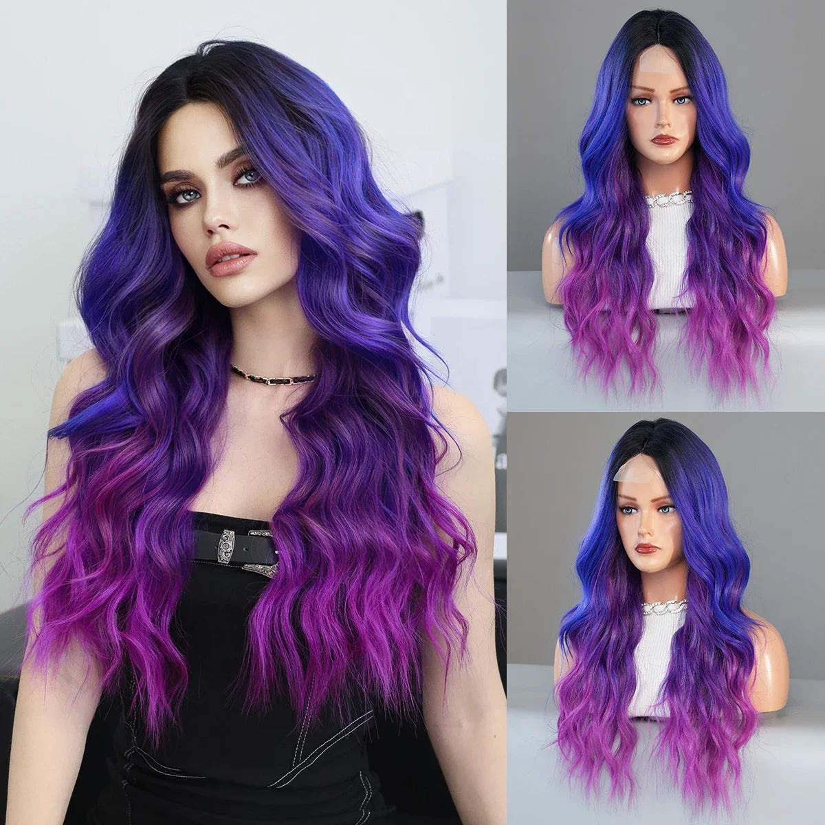 Blue Purple Ombre Wig Body Wavy, Side Part ,with Bangs High Density,Transparent Synthetic Lace Front