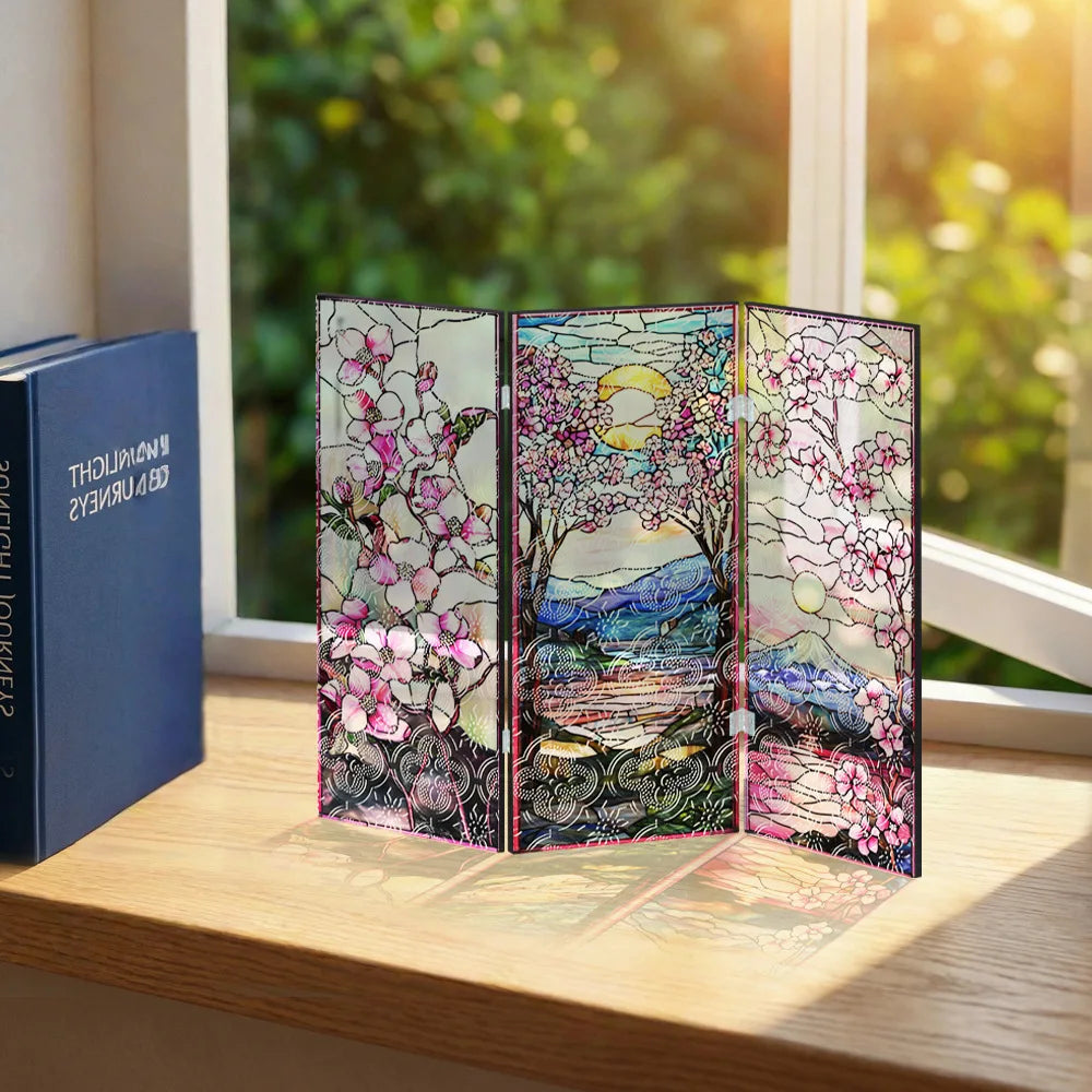 Folding Translucent Acrylic Screen, Painted Pink Floral Decorative Painting Table, Entrance TV Cabinet Gift