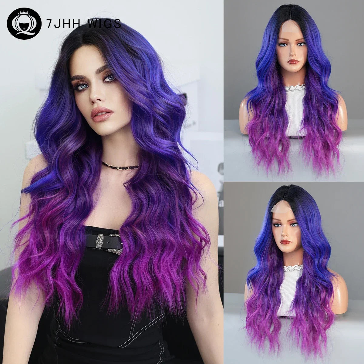 Blue Purple Ombre Wig Body Wavy, Side Part ,with Bangs High Density,Transparent Synthetic Lace Front