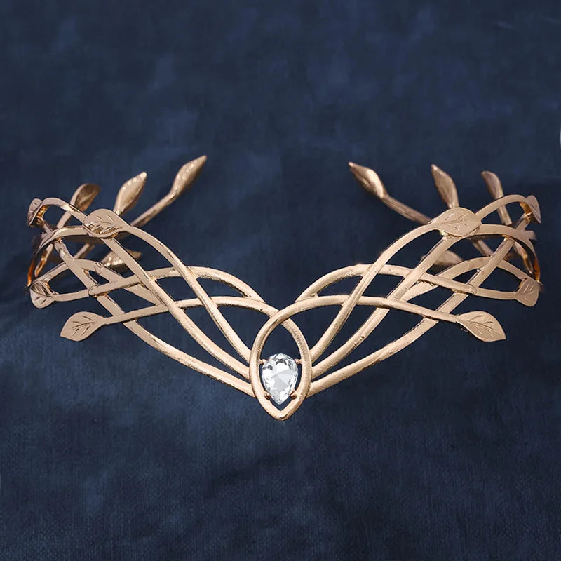Luxury Tiaras Headbands for Women Leaf Crystal Crown Goddess Cosplay Forehead Round Elves Crowns Bridal Hair Accessories