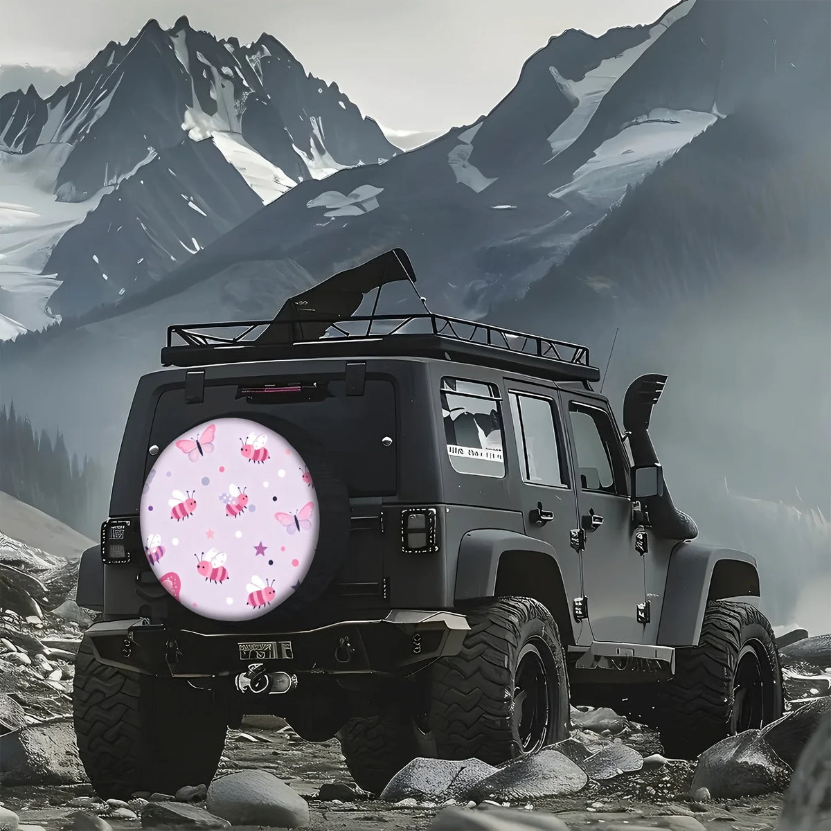 Pink Cute Bee Butterfly Spare Tire Cover Universal Fit Waterproof SUV Truck Wheel Protector