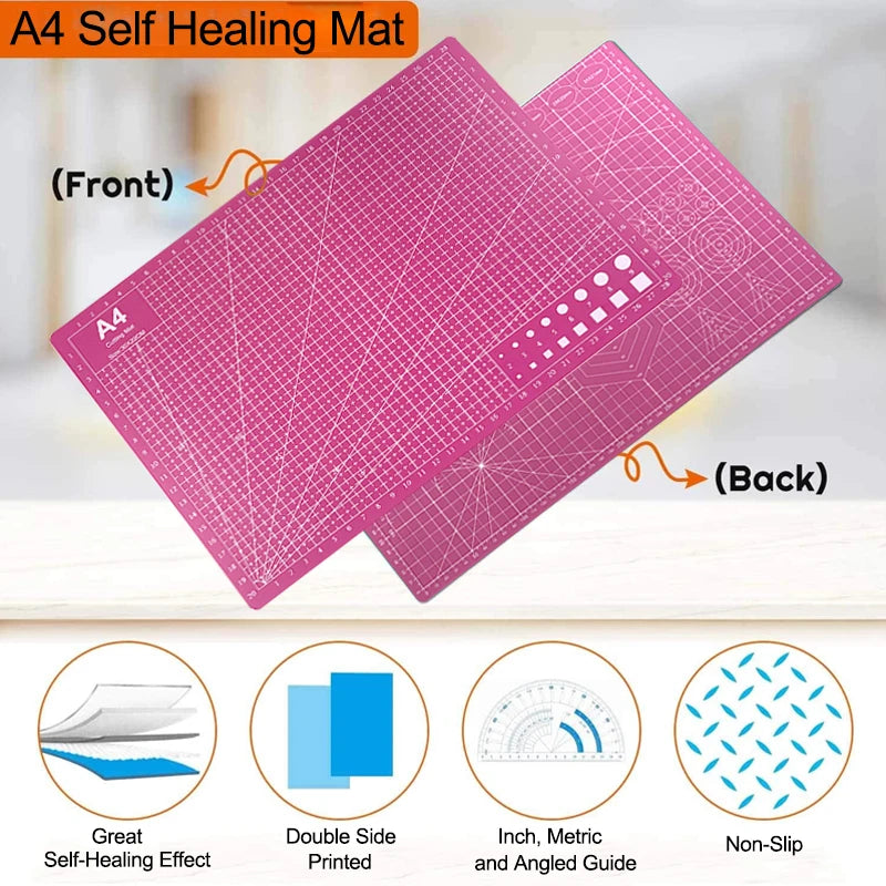 Crafting and Drawing Cutting Mat Set, A4 Pink Eco-Friendly Patchwork Mat, Non-Slip Carving Knife with Handmade Blades, 15cm Steel Ruler, Complete Carving Tools, Suitable for DIY Crafts and Scrapbooking. Holiday gifts,