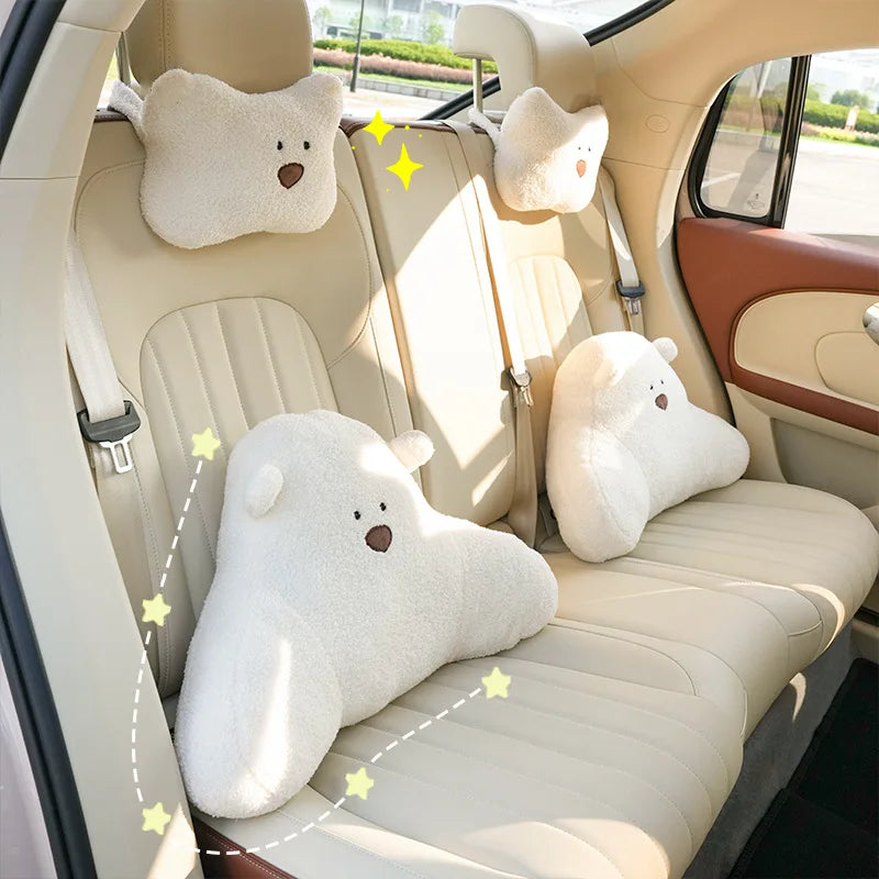 Comfortable Soft Pink Plush Car Headrest Lumbar Support Cartoon Bowknot Car Waist Neck Pillow Car Interior Decoration For Winter