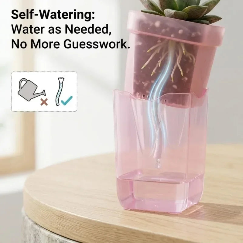 Transparent Pink Self Watering Pots Self Watering Planter Drainage Holes Plant Pots Garden Seedlings Flowerpot Nursery Cups