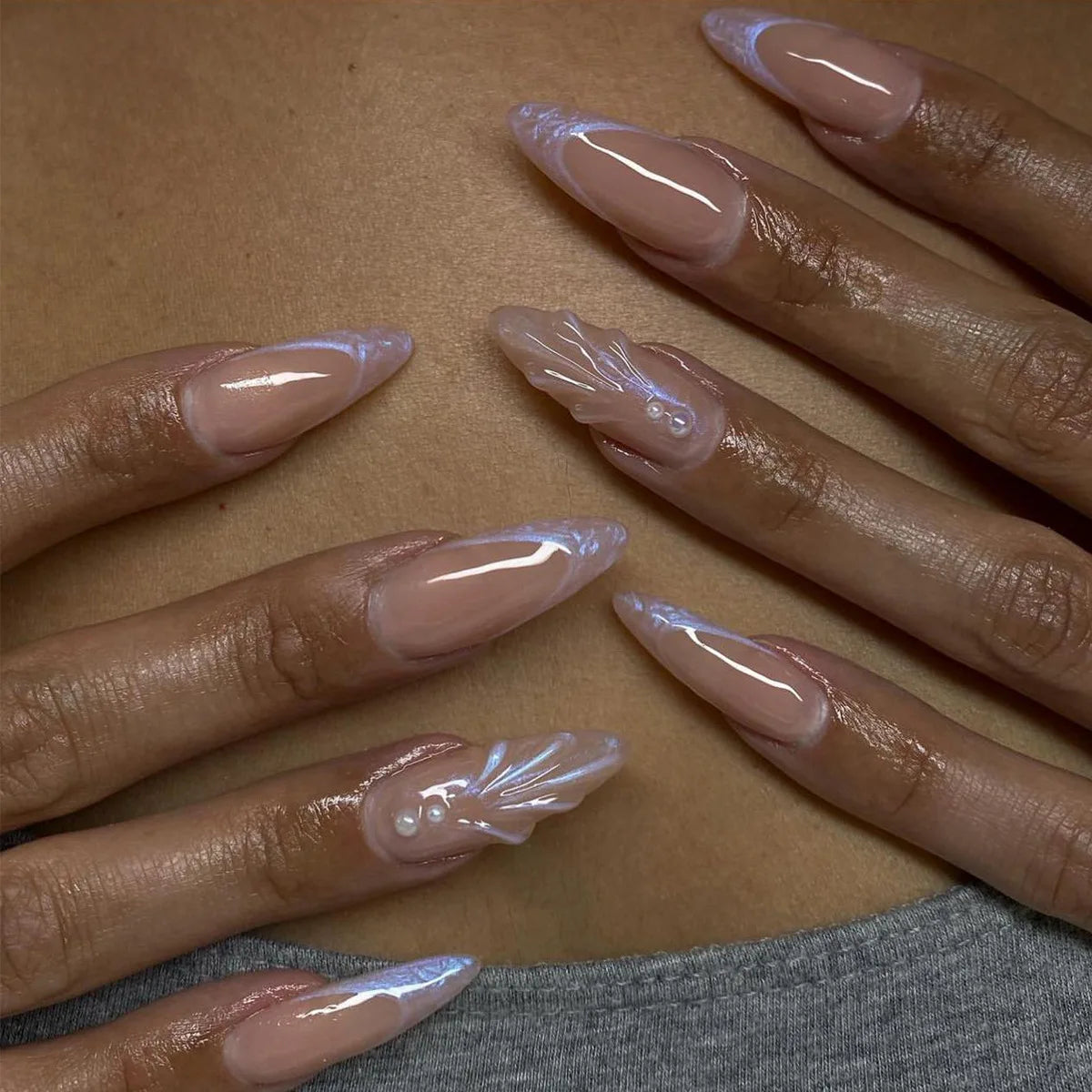 24pcs Long Ballerina Seashell Pearl Acrylic Nails