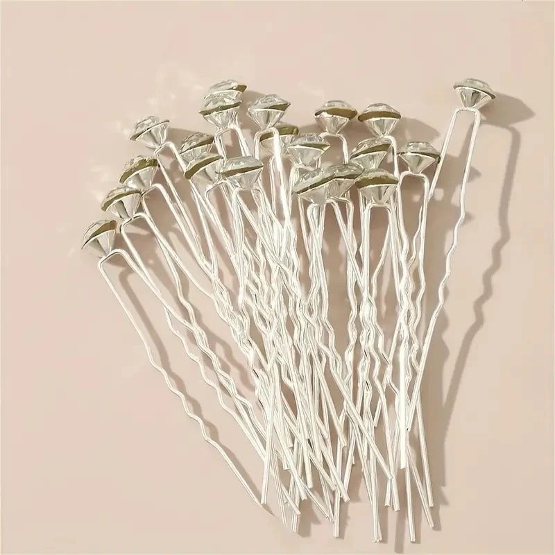 20Pcs Sparkling Crystal Hair Pins Silver Rhinestone U-Shaped Perfect Securing Adding Bridal Prom Party Daily Elegant Hairstyles