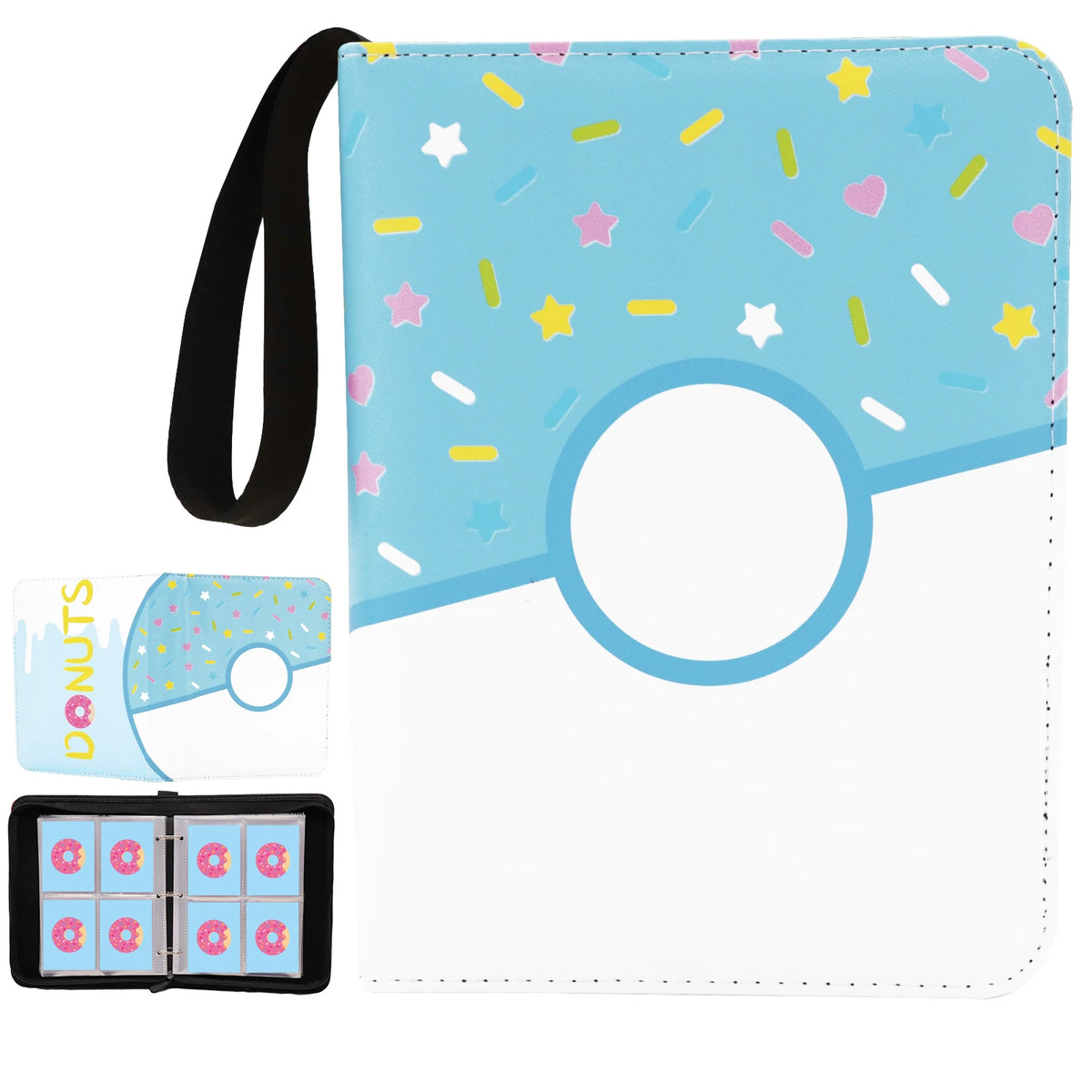 Donut 4 Pocket Card Binder Cartoon TCG Zipper Album Book Multi-Pocket Expandable Photo Collection File for Pokemon Card ID Badge