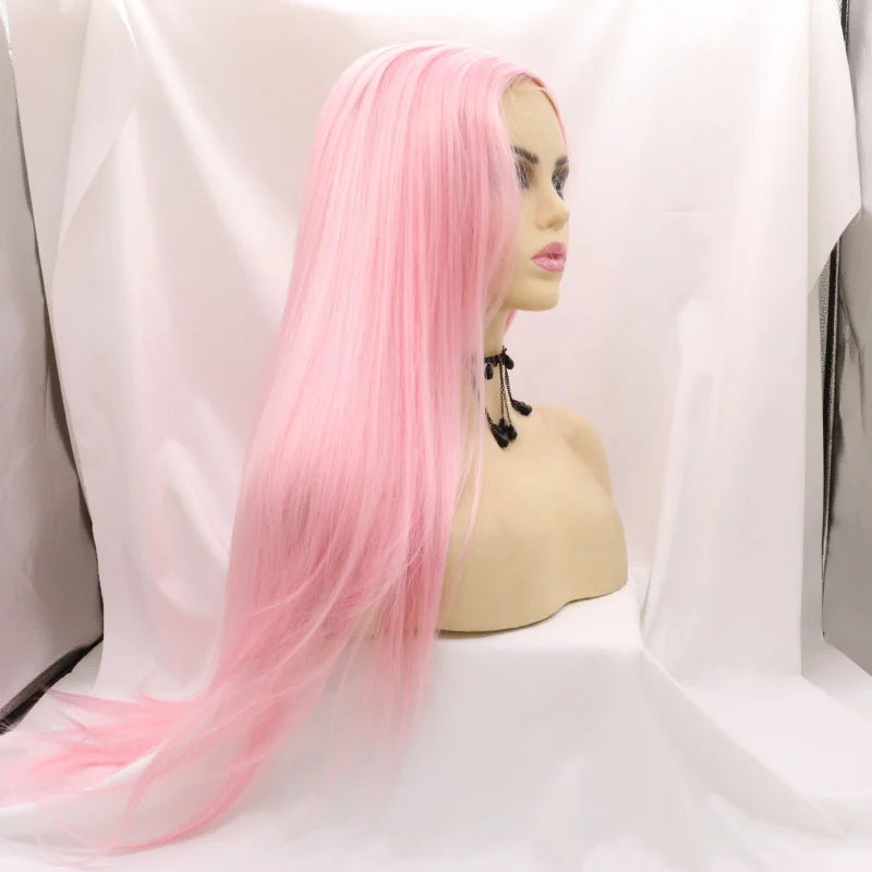 Pink synthetic fiber lace wig with middle parting and long straight hair